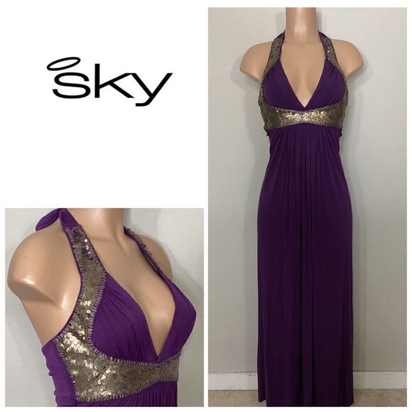 New. SKY purple halter embellished maxi dress. Small. Retails $259 - Picture 1 of 9